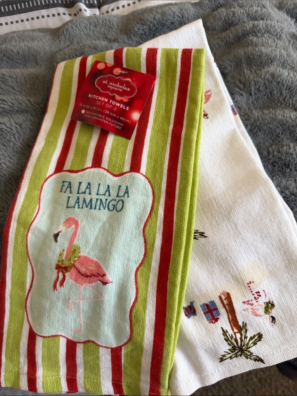 NWT St. Nicholas Square Lime Green, Red & Pink Flamingo Kitchen Towels, set of 2